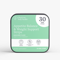 A square supplement tin for Check My Body Health Appetite Balance & Weight Support Strips, featuring a mint green and white design with black text and icons, set against a light gray background.