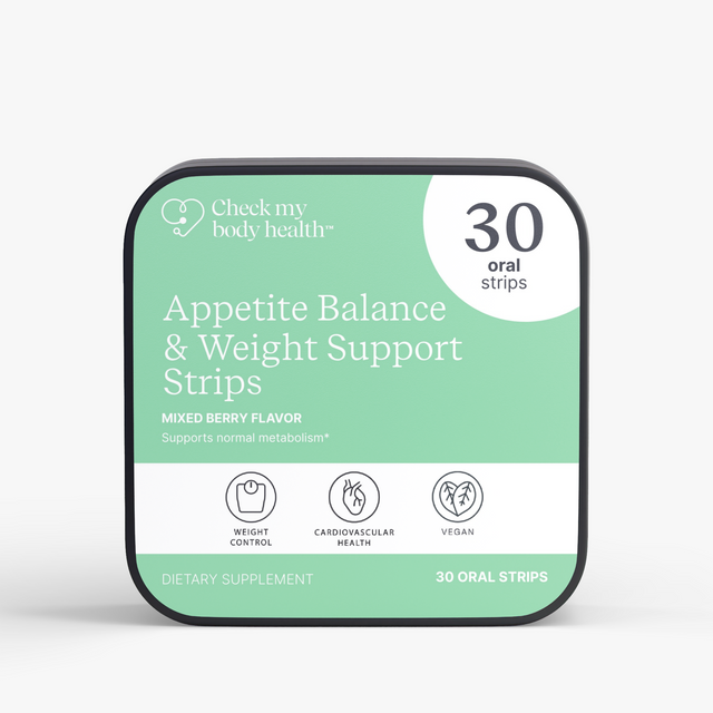 A square supplement tin for Check My Body Health Appetite Balance & Weight Support Strips, featuring a mint green and white design with black text and icons, set against a light gray background.